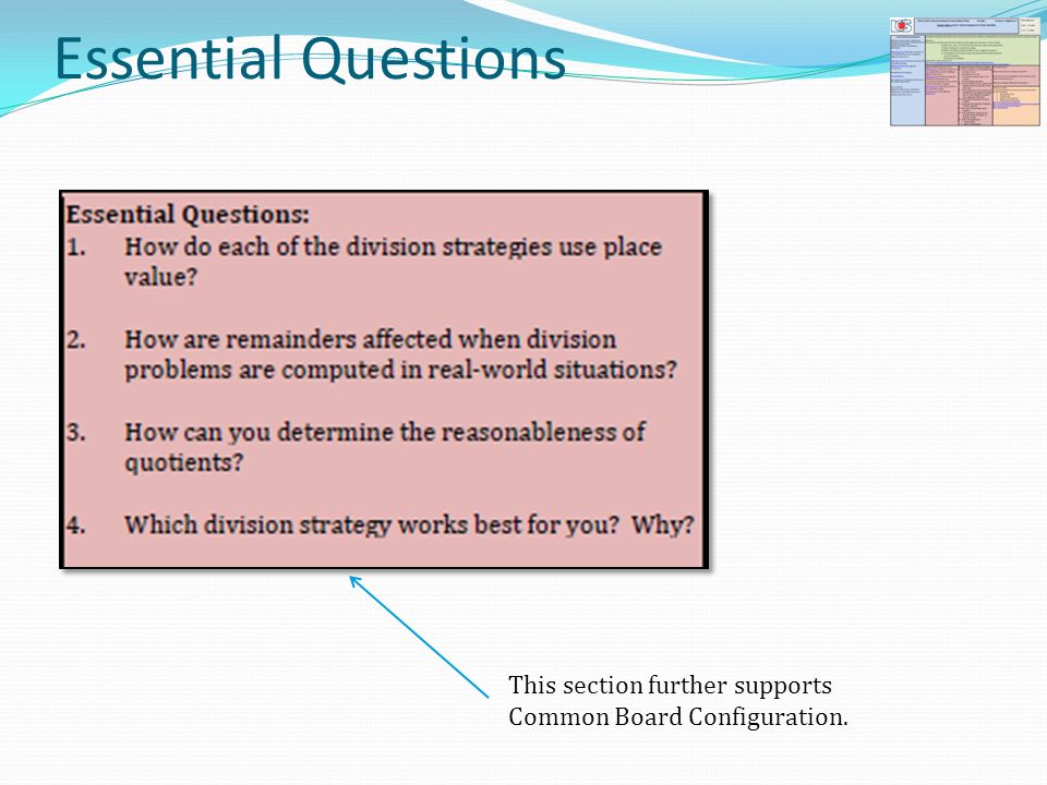 Essential Questions This section further supports Common Board Configuration.