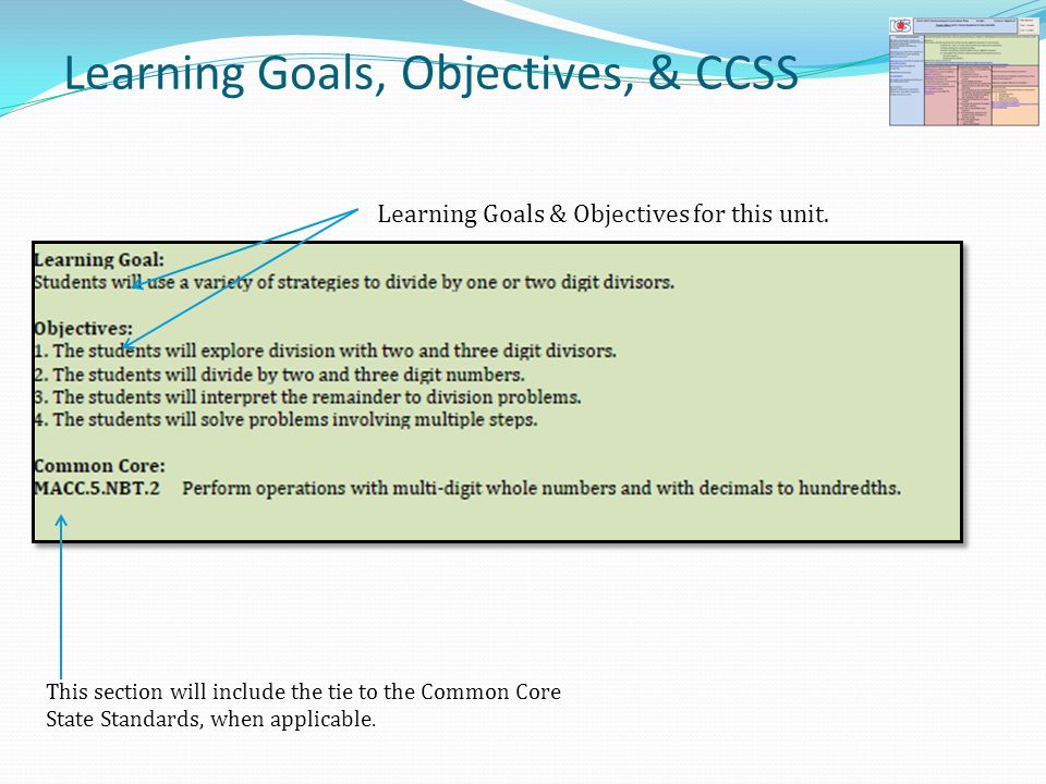 Learning Goals, Objectives, & CCSS Learning Goals & Objectives for this unit.