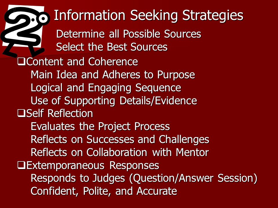 Information Seeking Strategies Determine all Possible Sources Select the Best Sources Content and Coherence Content and Coherence Main Idea and Adheres to Purpose Logical and Engaging Sequence Use of Supporting Details/Evidence Self Reflection Self Reflection Evaluates the Project Process Reflects on Successes and Challenges Reflects on Collaboration with Mentor Extemporaneous Responses Extemporaneous Responses Responds to Judges (Question/Answer Session) Confident, Polite, and Accurate