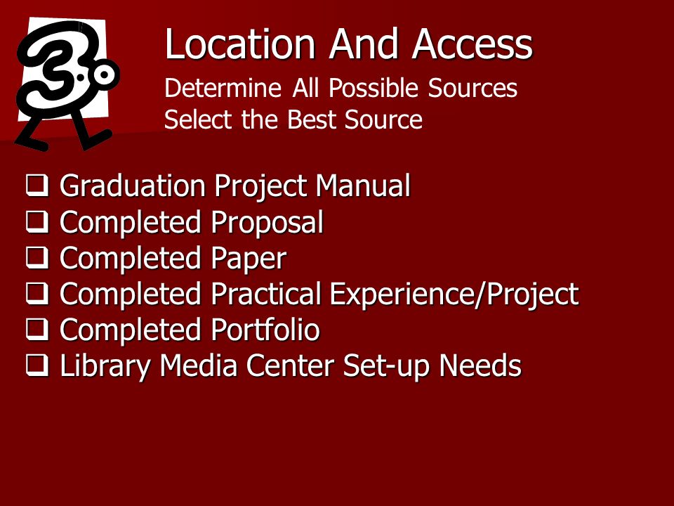 Location And Access Determine All Possible Sources Select the Best Source Graduation Project Manual Graduation Project Manual Completed Proposal Completed Proposal Completed Paper Completed Paper Completed Practical Experience/Project Completed Practical Experience/Project Completed Portfolio Completed Portfolio Library Media Center Set-up Needs Library Media Center Set-up Needs