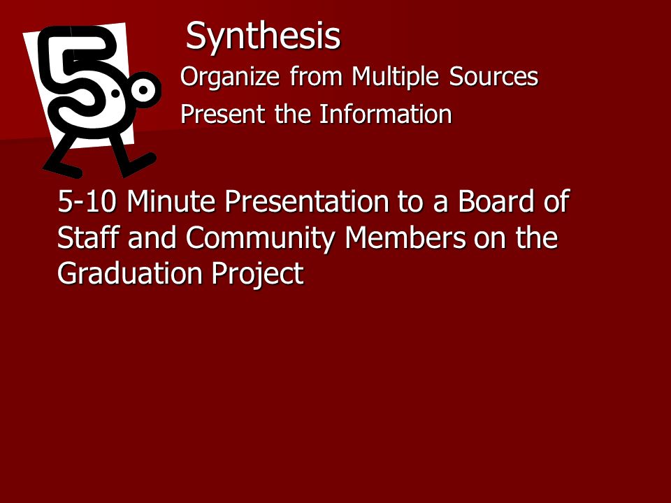 Synthesis Organize from Multiple Sources Present the Information 5-10 Minute Presentation to a Board of Staff and Community Members on the Graduation Project