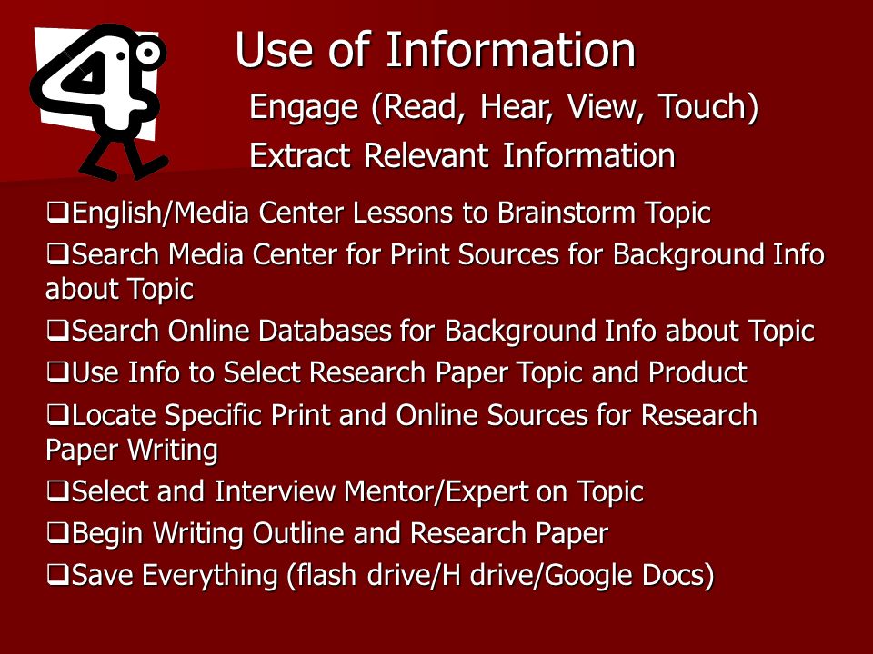 Use of Information Engage (Read, Hear, View, Touch) Extract Relevant Information English/Media Center Lessons to Brainstorm Topic English/Media Center Lessons to Brainstorm Topic Search Media Center for Print Sources for Background Info about Topic Search Media Center for Print Sources for Background Info about Topic Search Online Databases for Background Info about Topic Search Online Databases for Background Info about Topic Use Info to Select Research Paper Topic and Product Use Info to Select Research Paper Topic and Product Locate Specific Print and Online Sources for Research Paper Writing Locate Specific Print and Online Sources for Research Paper Writing Select and Interview Mentor/Expert on Topic Select and Interview Mentor/Expert on Topic Begin Writing Outline and Research Paper Begin Writing Outline and Research Paper Save Everything (flash drive/H drive/Google Docs) Save Everything (flash drive/H drive/Google Docs)