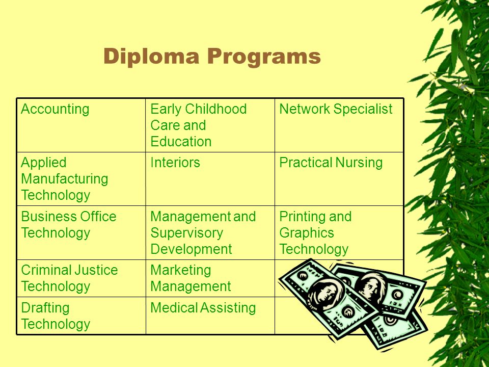 Diploma Programs Medical AssistingDrafting Technology Marketing Management Criminal Justice Technology Printing and Graphics Technology Management and Supervisory Development Business Office Technology Practical NursingInteriorsApplied Manufacturing Technology Network SpecialistEarly Childhood Care and Education Accounting