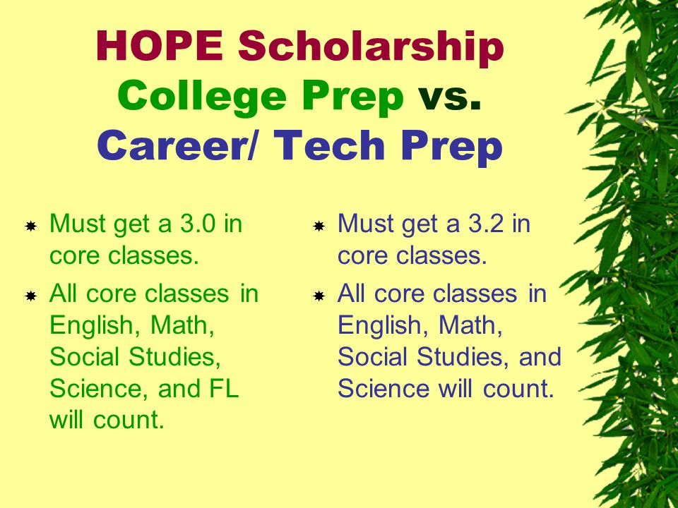 HOPE Scholarship College Prep vs. Career/ Tech Prep Must get a 3.0 in core classes.