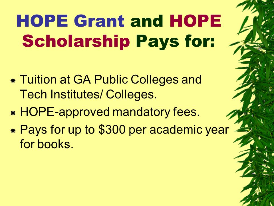 HOPE Grant and HOPE Scholarship Pays for: Tuition at GA Public Colleges and Tech Institutes/ Colleges.
