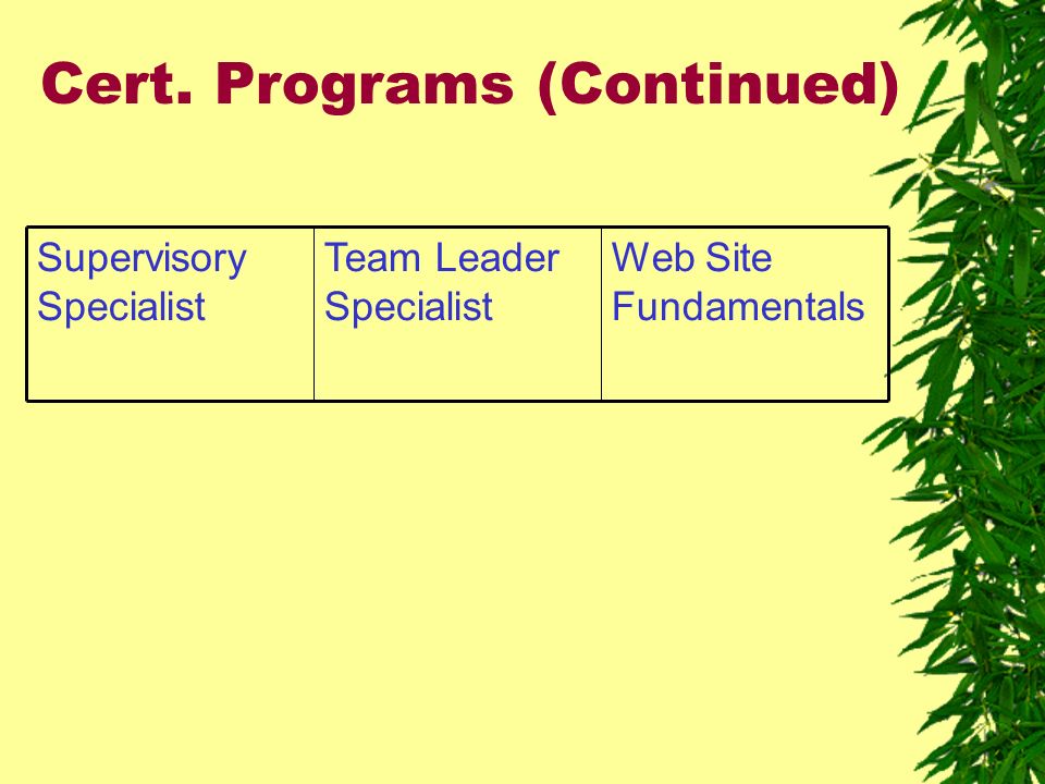 Cert. Programs (Continued) Web Site Fundamentals Team Leader Specialist Supervisory Specialist