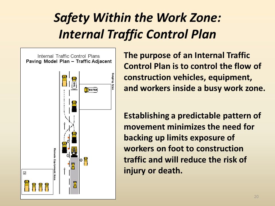 The purpose of an Internal Traffic Control Plan is to control the flow of construction vehicles, equipment, and workers inside a busy work zone.