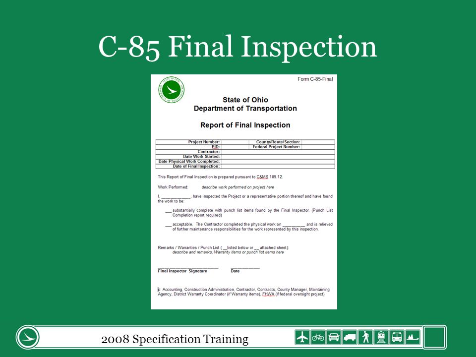 2008 Specification Training C-85 Final Inspection