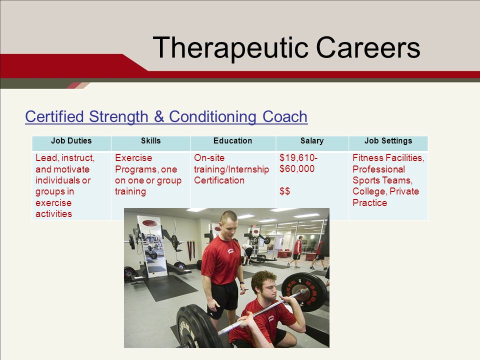 Therapeutic Careers Certified Strength & Conditioning Coach Job DutiesSkillsEducationSalaryJob Settings Lead, instruct, and motivate individuals or groups in exercise activities Exercise Programs, one on one or group training On-site training/Internship Certification $19,610- $60,000 $$ Fitness Facilities, Professional Sports Teams, College, Private Practice