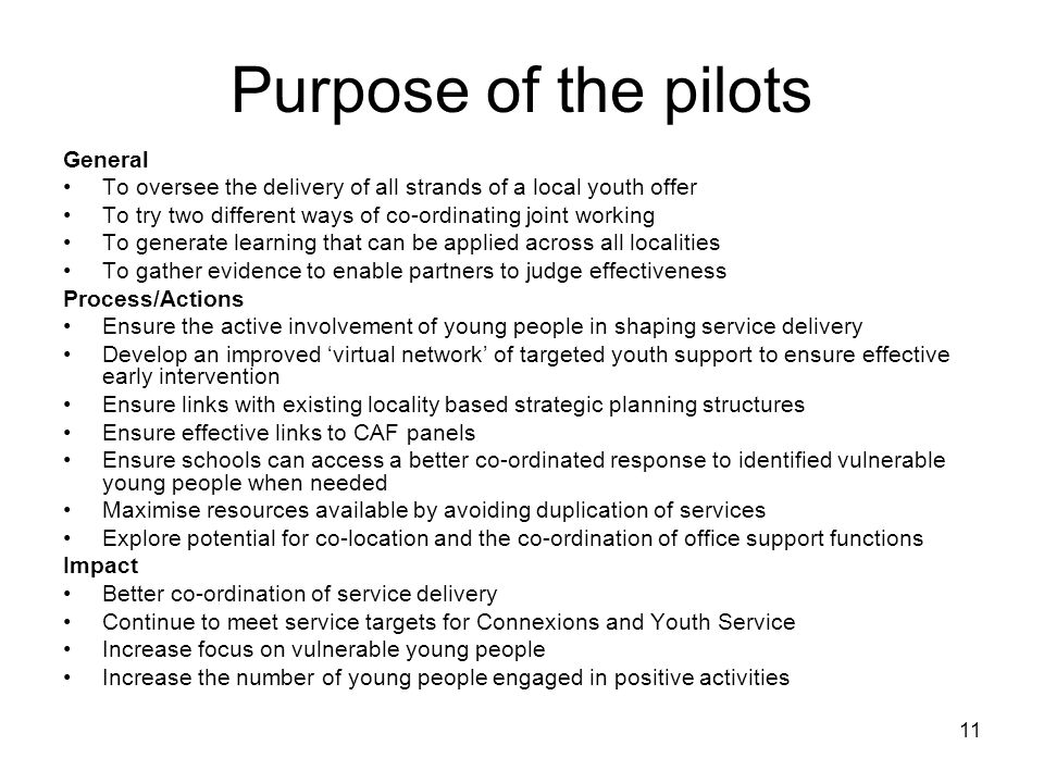 11 Purpose of the pilots General To oversee the delivery of all strands of a local youth offer To try two different ways of co-ordinating joint working To generate learning that can be applied across all localities To gather evidence to enable partners to judge effectiveness Process/Actions Ensure the active involvement of young people in shaping service delivery Develop an improved virtual network of targeted youth support to ensure effective early intervention Ensure links with existing locality based strategic planning structures Ensure effective links to CAF panels Ensure schools can access a better co-ordinated response to identified vulnerable young people when needed Maximise resources available by avoiding duplication of services Explore potential for co-location and the co-ordination of office support functions Impact Better co-ordination of service delivery Continue to meet service targets for Connexions and Youth Service Increase focus on vulnerable young people Increase the number of young people engaged in positive activities