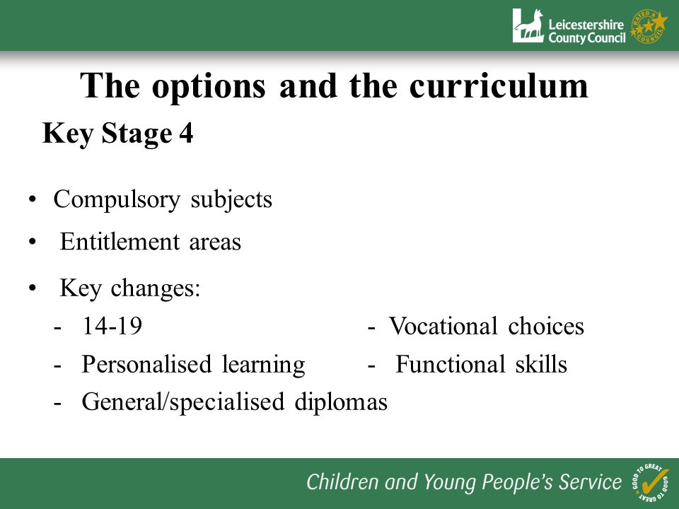 The options and the curriculum Key Stage 3 National curriculum Additional subjects Key changes: - condensed key stage - more flexibility