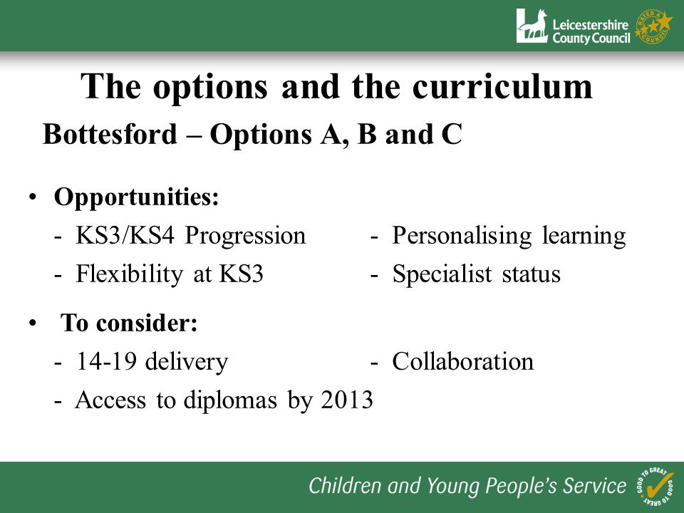 The options and the curriculum Key Stage 4 Compulsory subjects Entitlement areas Key changes: Vocational choices - Personalised learning- Functional skills - General/specialised diplomas