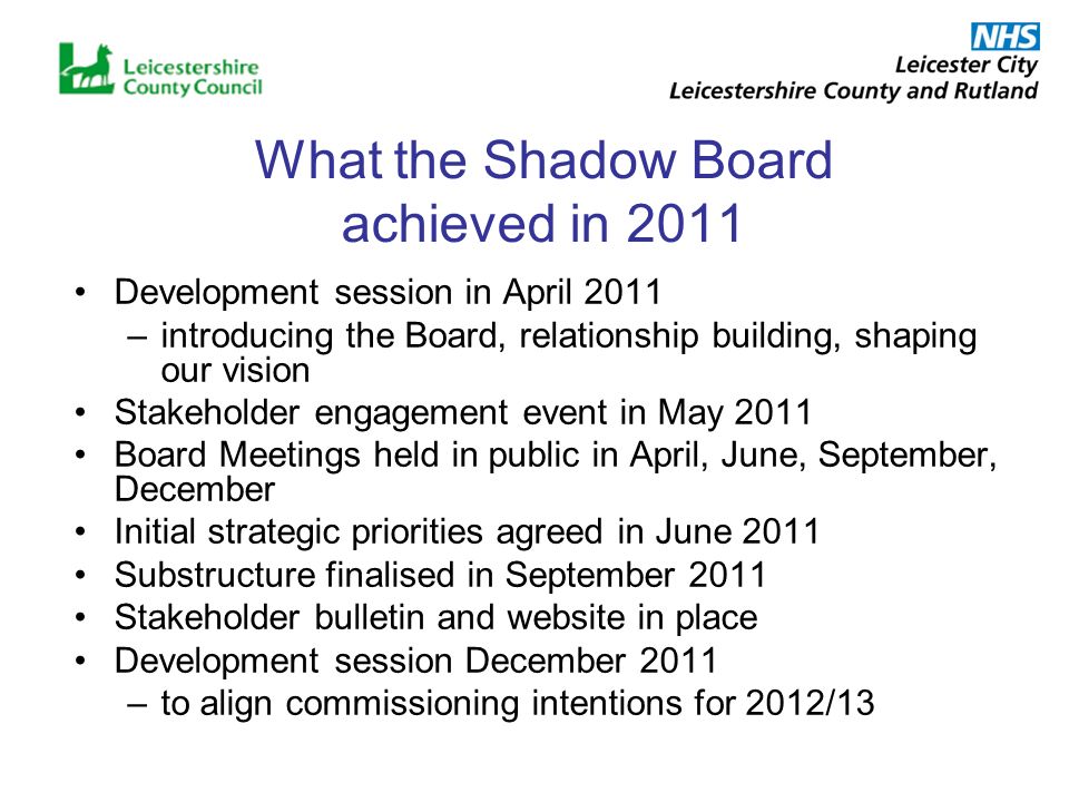 What the Shadow Board achieved in 2011 Development session in April 2011 –introducing the Board, relationship building, shaping our vision Stakeholder engagement event in May 2011 Board Meetings held in public in April, June, September, December Initial strategic priorities agreed in June 2011 Substructure finalised in September 2011 Stakeholder bulletin and website in place Development session December 2011 –to align commissioning intentions for 2012/13