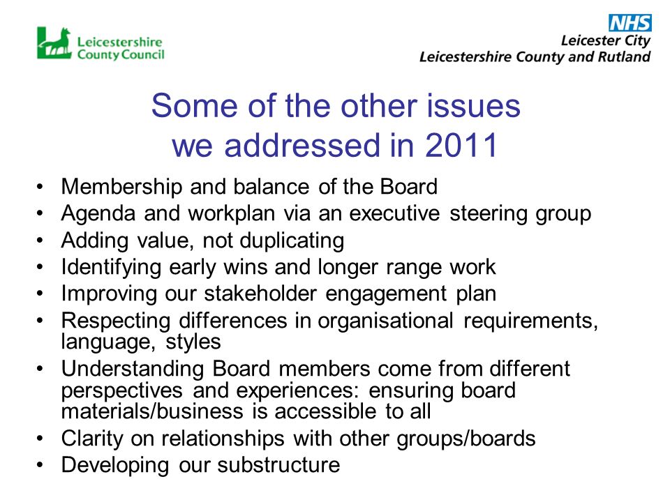 Some of the other issues we addressed in 2011 Membership and balance of the Board Agenda and workplan via an executive steering group Adding value, not duplicating Identifying early wins and longer range work Improving our stakeholder engagement plan Respecting differences in organisational requirements, language, styles Understanding Board members come from different perspectives and experiences: ensuring board materials/business is accessible to all Clarity on relationships with other groups/boards Developing our substructure
