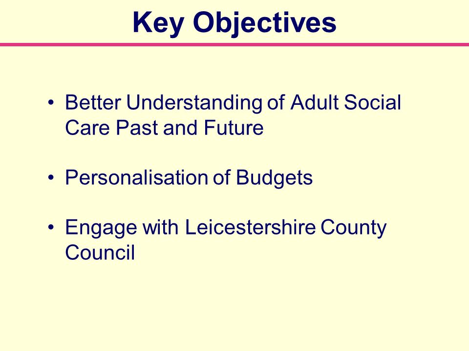 Key Objectives Better Understanding of Adult Social Care Past and Future Personalisation of Budgets Engage with Leicestershire County Council