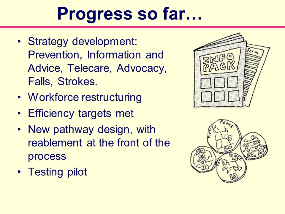 Progress so far… Strategy development: Prevention, Information and Advice, Telecare, Advocacy, Falls, Strokes.