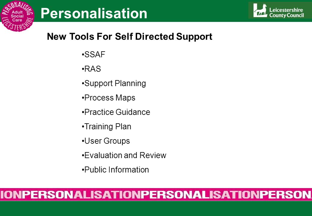 Personalisation New Tools For Self Directed Support SSAF RAS Support Planning Process Maps Practice Guidance Training Plan User Groups Evaluation and Review Public Information