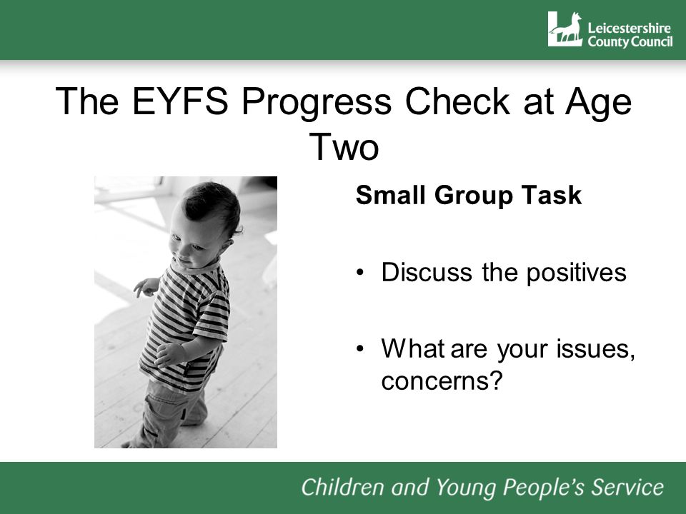 The EYFS Progress Check at Age Two Small Group Task Discuss the positives What are your issues, concerns