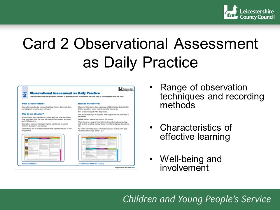 Card 2 Observational Assessment as Daily Practice Range of observation techniques and recording methods Characteristics of effective learning Well-being and involvement