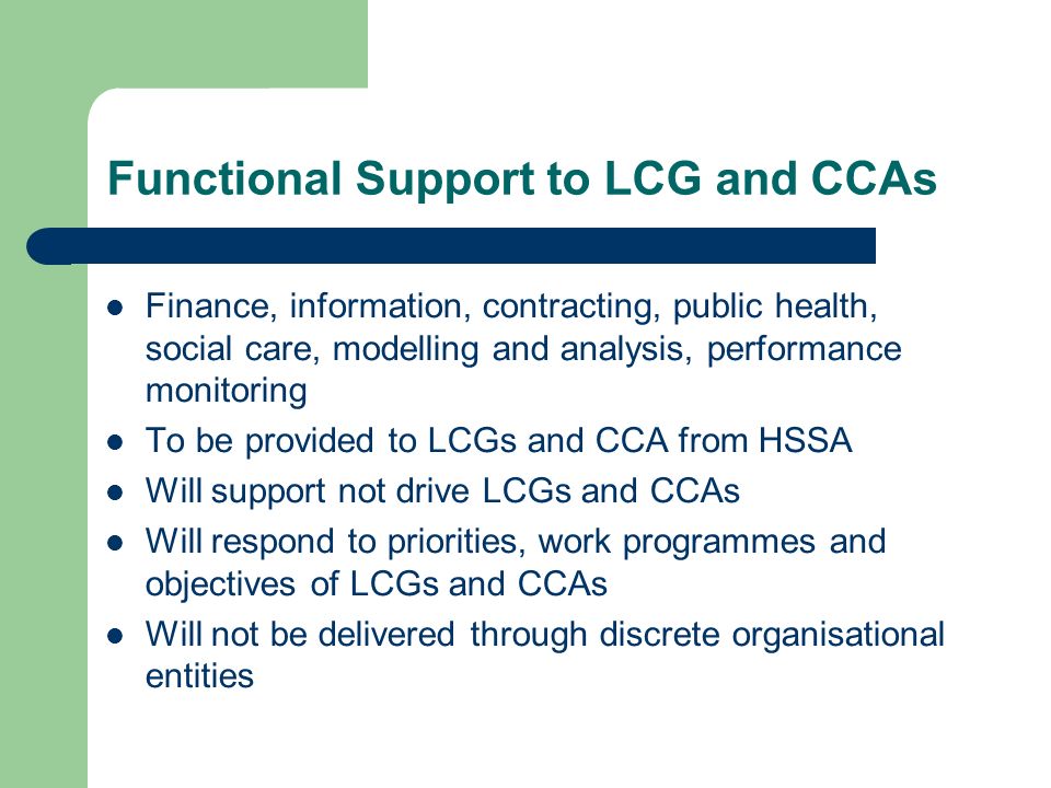 Functional Support to LCG and CCAs Finance, information, contracting, public health, social care, modelling and analysis, performance monitoring To be provided to LCGs and CCA from HSSA Will support not drive LCGs and CCAs Will respond to priorities, work programmes and objectives of LCGs and CCAs Will not be delivered through discrete organisational entities