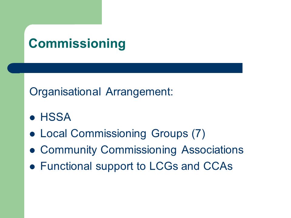 Commissioning Organisational Arrangement: HSSA Local Commissioning Groups (7) Community Commissioning Associations Functional support to LCGs and CCAs