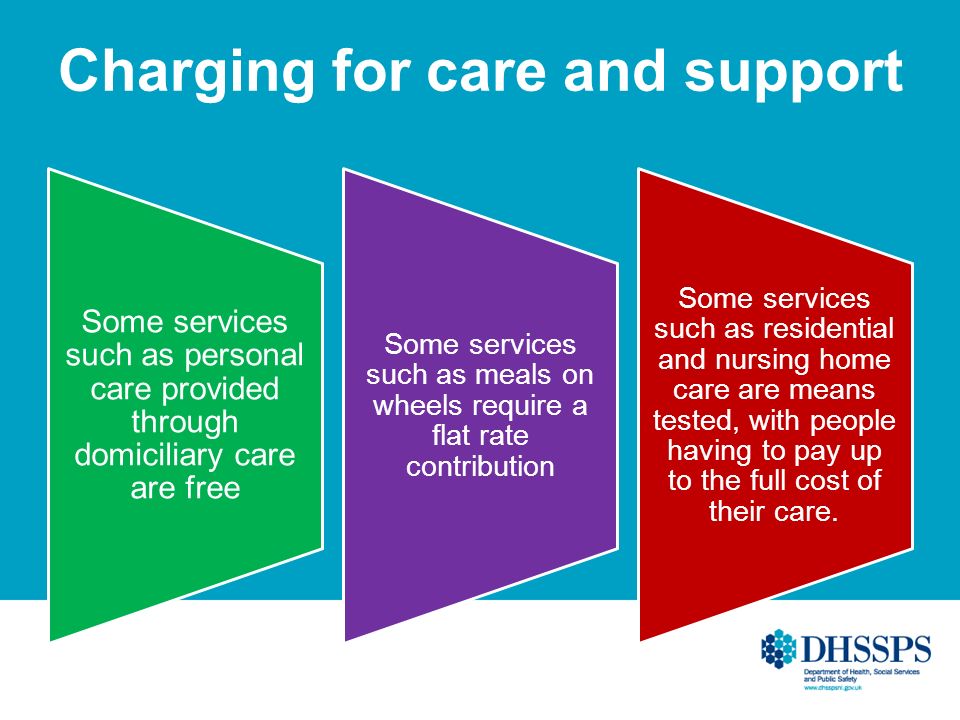 Charging for care and support Some services such as personal care provided through domiciliary care are free Some services such as meals on wheels require a flat rate contribution Some services such as residential and nursing home care are means tested, with people having to pay up to the full cost of their care.