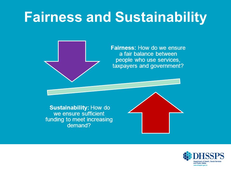Fairness and Sustainability Fairness: How do we ensure a fair balance between people who use services, taxpayers and government.