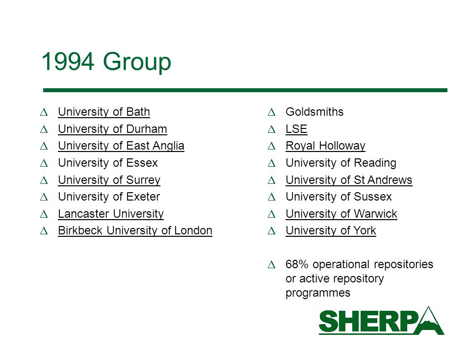 1994 Group University of Bath University of Durham University of East Anglia University of Essex University of Surrey University of Exeter Lancaster University Birkbeck University of London Goldsmiths LSE Royal Holloway University of Reading University of St Andrews University of Sussex University of Warwick University of York 68% operational repositories or active repository programmes