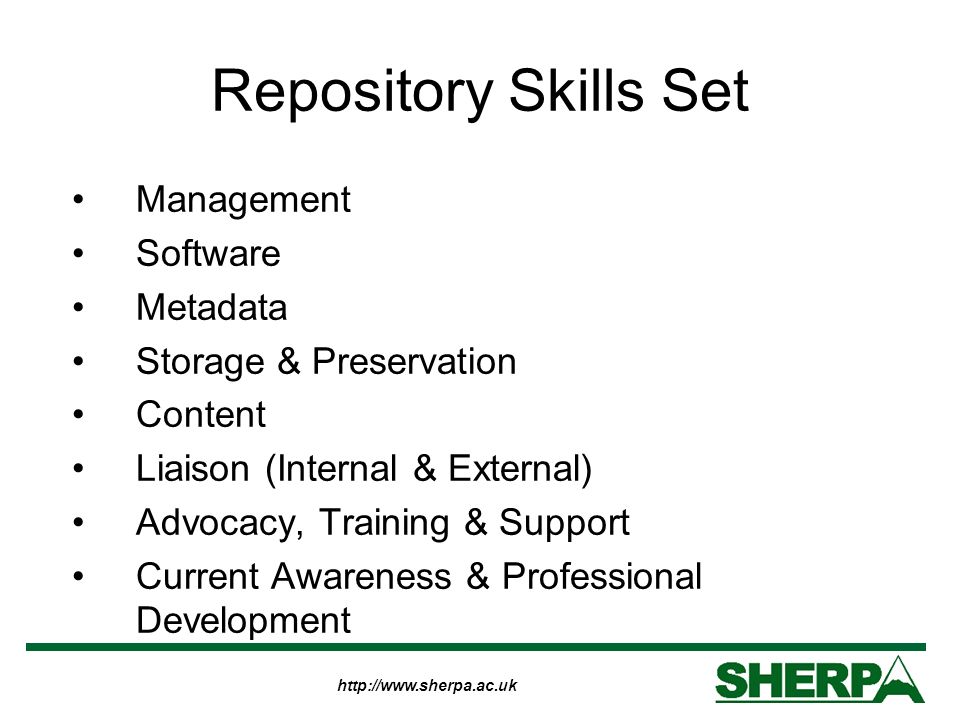 Repository Skills Set Management Software Metadata Storage & Preservation Content Liaison (Internal & External) Advocacy, Training & Support Current Awareness & Professional Development