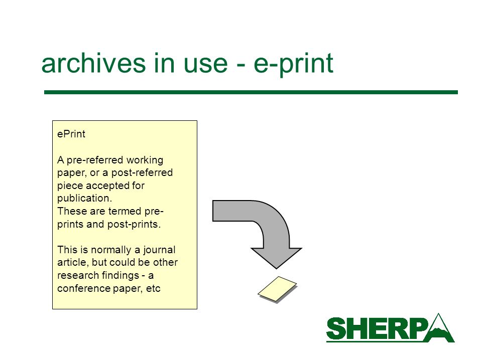 archives in use - e-print ePrint A pre-referred working paper, or a post-referred piece accepted for publication.