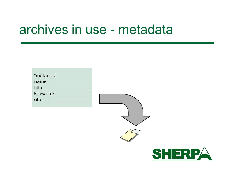 archives in use - metadata metadata name ______________ title _______________ keywords ___________ etc....
