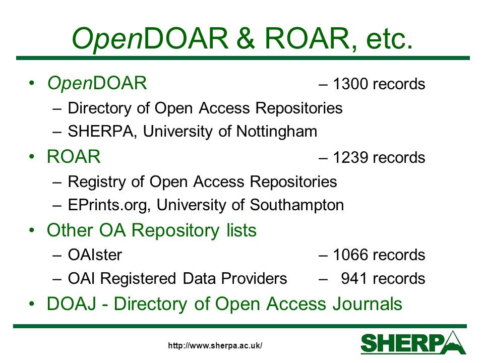 OpenDOAR & ROAR, etc.