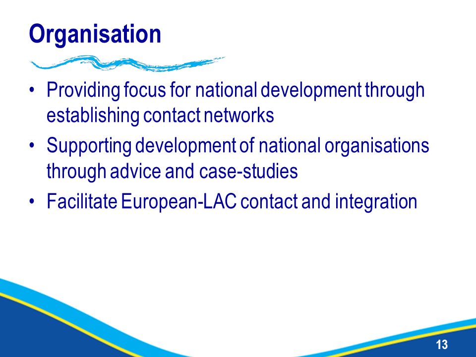 13 Organisation Providing focus for national development through establishing contact networks Supporting development of national organisations through advice and case-studies Facilitate European-LAC contact and integration