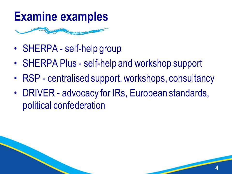 4 Examine examples SHERPA - self-help group SHERPA Plus - self-help and workshop support RSP - centralised support, workshops, consultancy DRIVER - advocacy for IRs, European standards, political confederation