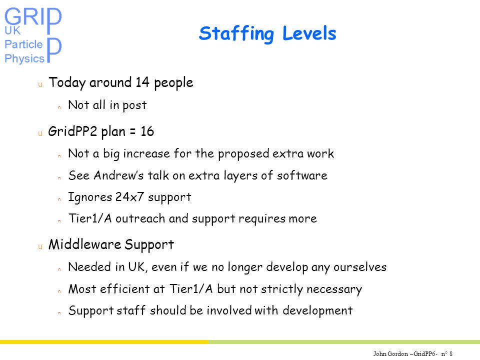 John Gordon –GridPP6- n° 8 Staffing Levels u Today around 14 people n Not all in post u GridPP2 plan = 16 n Not a big increase for the proposed extra work n See Andrews talk on extra layers of software n Ignores 24x7 support n Tier1/A outreach and support requires more u Middleware Support n Needed in UK, even if we no longer develop any ourselves n Most efficient at Tier1/A but not strictly necessary n Support staff should be involved with development