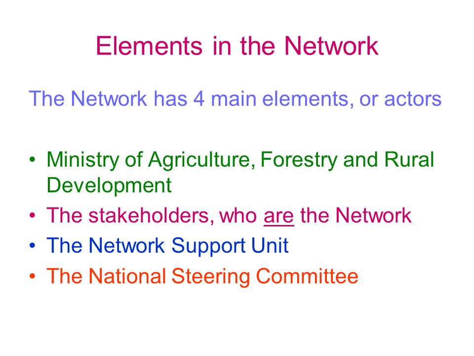 Elements in the Network The Network has 4 main elements, or actors Ministry of Agriculture, Forestry and Rural Development The stakeholders, who are the Network The Network Support Unit The National Steering Committee