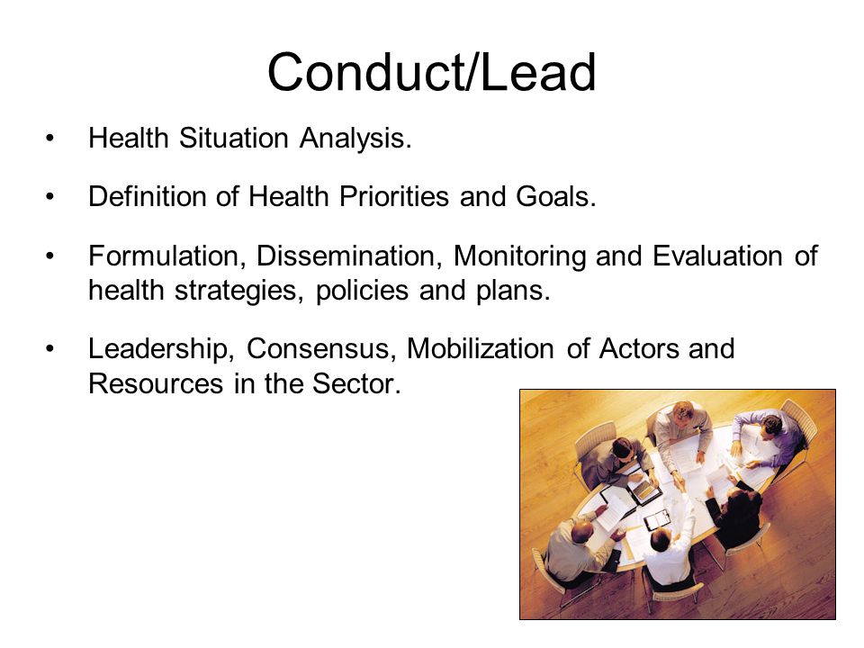Conduct/Lead Health Situation Analysis. Definition of Health Priorities and Goals.