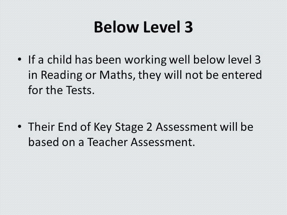 Below Level 3 If a child has been working well below level 3 in Reading or Maths, they will not be entered for the Tests.