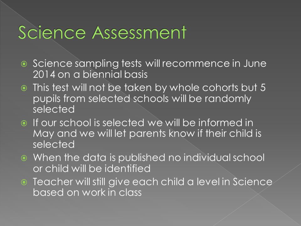  Science sampling tests will recommence in June 2014 on a biennial basis  This test will not be taken by whole cohorts but 5 pupils from selected schools will be randomly selected  If our school is selected we will be informed in May and we will let parents know if their child is selected  When the data is published no individual school or child will be identified  Teacher will still give each child a level in Science based on work in class