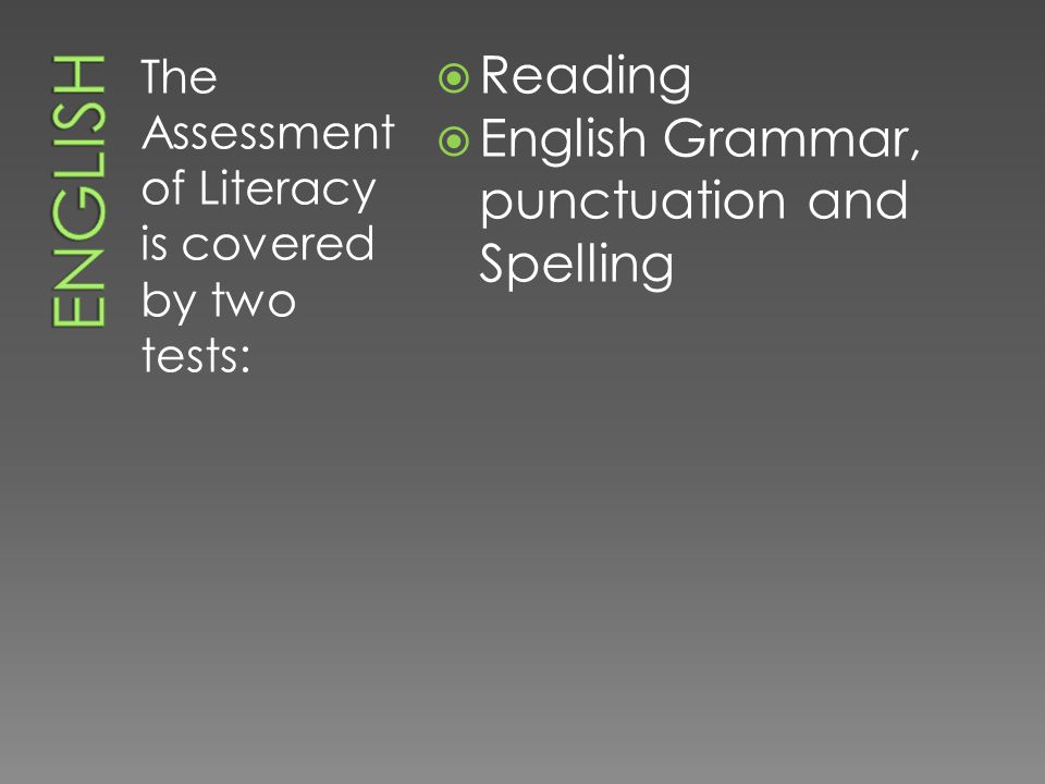The Assessment of Literacy is covered by two tests:  Reading  English Grammar, punctuation and Spelling