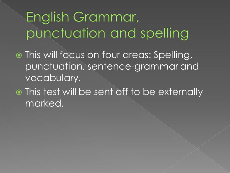 This will focus on four areas: Spelling, punctuation, sentence-grammar and vocabulary.