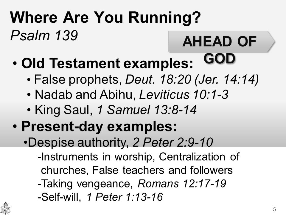 AHEAD OF GOD Where Are You Running. Psalm 139 Old Testament examples: False prophets, Deut.