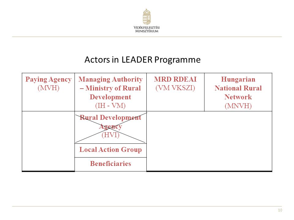 10 Actors in LEADER Programme Paying Agency (MVH) Managing Authority – Ministry of Rural Development (IH - VM) MRD RDEAI (VM VKSZI) Hungarian National Rural Network (MNVH) Rural Development Agency (HVI) Local Action Group Beneficiaries