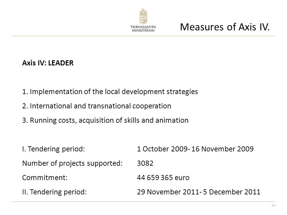 14 Measures of Axis IV. Axis IV: LEADER 1. Implementation of the local development strategies 2.