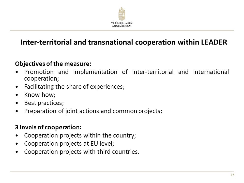 16 Objectives of the measure: Promotion and implementation of inter-territorial and international cooperation; Facilitating the share of experiences; Know-how; Best practices; Preparation of joint actions and common projects; 3 levels of cooperation: Cooperation projects within the country; Cooperation projects at EU level; Cooperation projects with third countries.