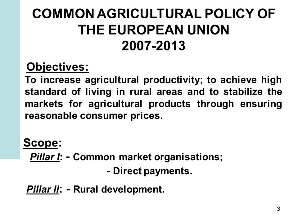 3 COMMON AGRICULTURAL POLICY OF THE EUROPEAN UNION Objectives: To increase agricultural productivity; to achieve high standard of living in rural areas and to stabilize the markets for agricultural products through ensuring reasonable consumer prices.