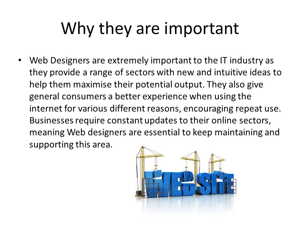 Why they are important Web Designers are extremely important to the IT industry as they provide a range of sectors with new and intuitive ideas to help them maximise their potential output.