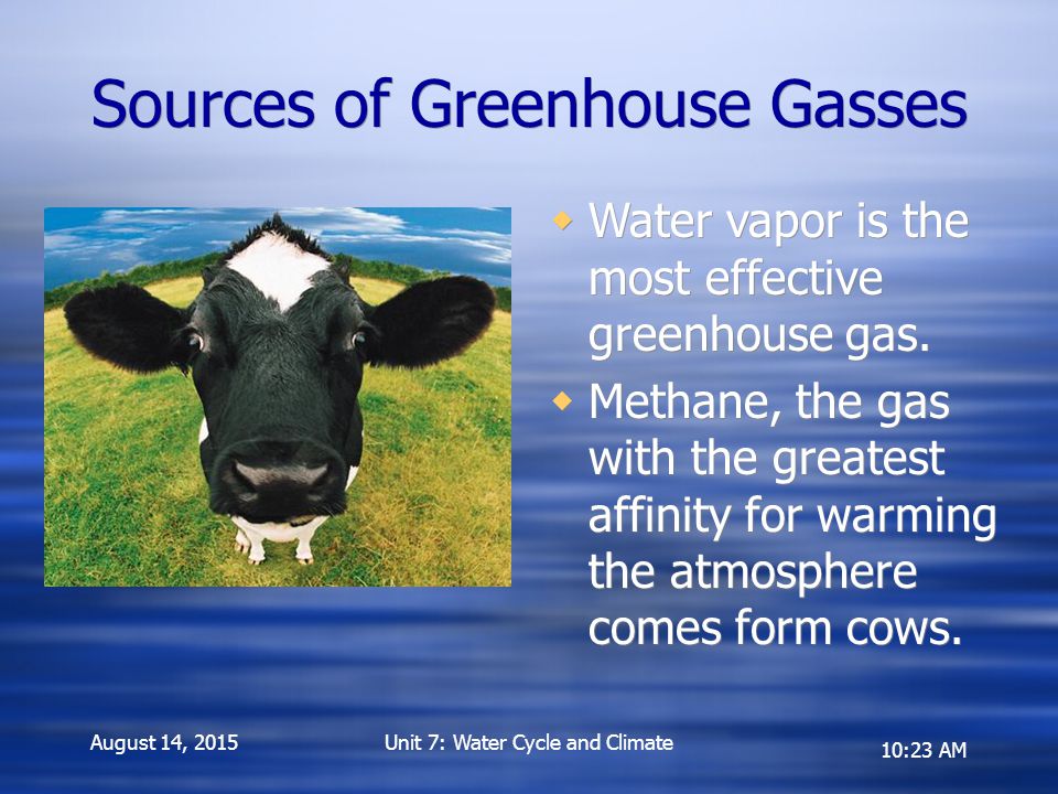 10:23 AM Sources of Greenhouse Gasses  Water vapor is the most effective greenhouse gas.
