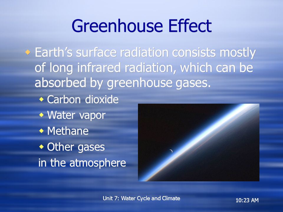 10:23 AM Greenhouse Effect  Earth’s surface radiation consists mostly of long infrared radiation, which can be absorbed by greenhouse gases.
