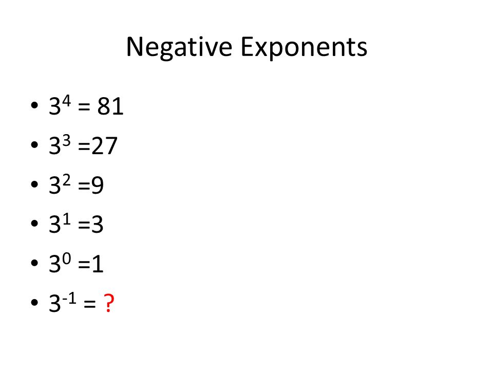 Negative Exponents 3 4 = = =9 3 1 =3 3 0 = =